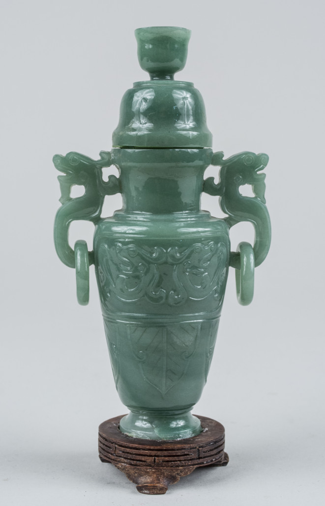 Chinese green jade vase, est. $800-$1,200. Capo Auction image