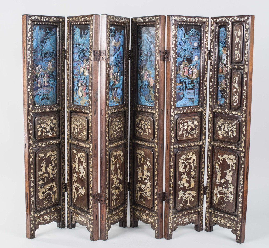 Chinese table screen with elaborate carved decoration. Sold for $7,800. Capo Auction Fine Art and Antiques image