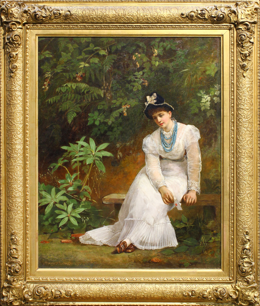 The second highest price for Jerry Barrett (British, 1814-1906) was achieved on ‘Receiving the Love Note.’ This oil on canvas done in 1877 earned $47,600. Clars Auction Gallery image