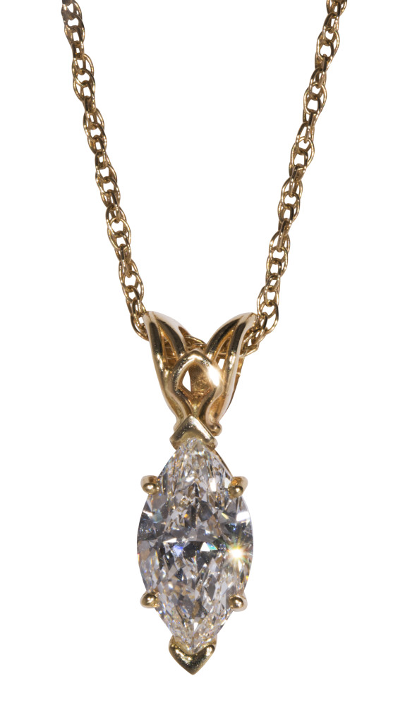 This marquise brilliant diamond – 3.01 carats – and 14K yellow gold pendant necklace is estimated to sell for $18,000-$25,000. Clars Auction Gallery image