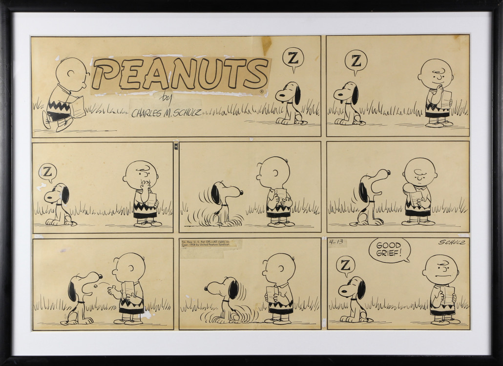 By Charles Schulz (American, 1922-2000), this nine-panel pen and ink drawing for his ‘Peanuts’ comic strip sold for $35,700. Clars Auction Gallery image