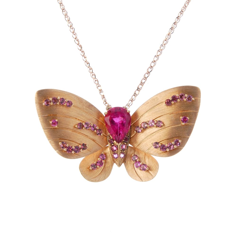 Gold tourmaline and sapphire butterfly pendant. Fellows image 