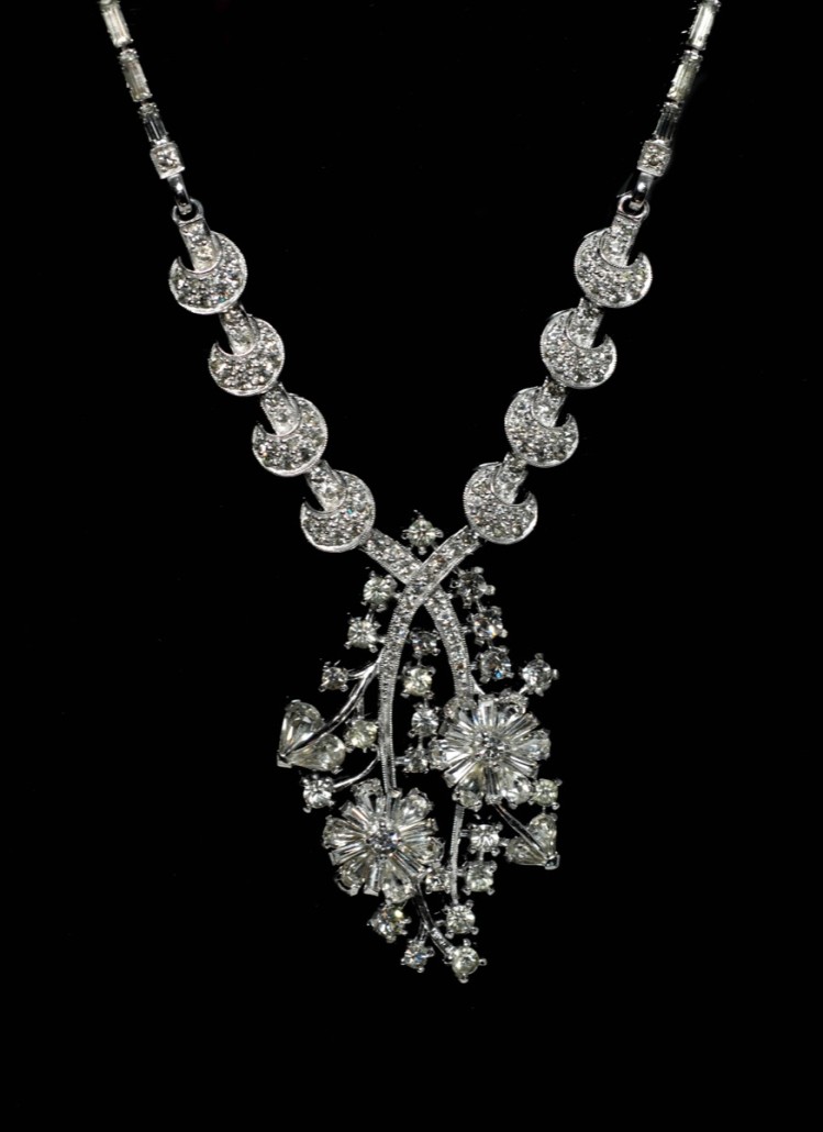 The Pennino brothers, Oreste, Frank and Jack, founded their company in New York in 1926 and made high-quality costume jewelry using rhinestones in classic design settings that echo those of the 18th and 19th centuries as well as the 1930s cocktail-style jewelry, as favored by Hollywood starlets of the era. This classic necklace dates from about 1950 but recalls a style a century earlier. Photo Candice Horley