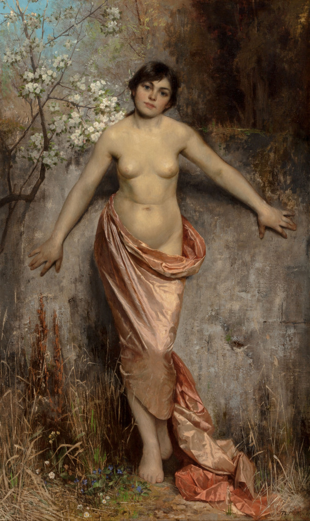 Theodor Matthei (German, 1857-1921), ‘Nude Draped in Pink,’ 1887, oil on canvas Estimate: $25,000-$35,000. Heritage Auctions image 