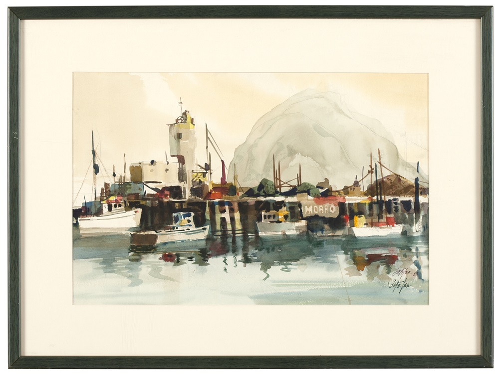 This untitled Morro Bay watercolor by Jake Lee (1915-1991, Los Angeles) is to be offered with a $1,000-$2,000 estimate. John Moran Auctioneers image