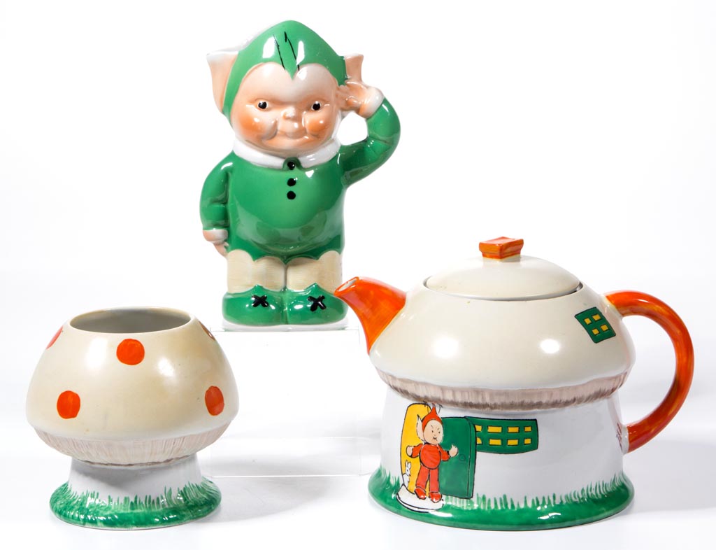 Shelley porcelain ‘Boo Boo’ figural children's three-piece tea set, each designed and labeled for Mabel Lucie Attwell, circa 1927. Jeffrey S. Evans & Associates image
