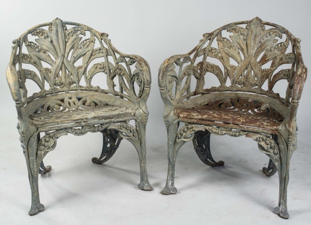 Pair of French cast-iron garden chairs. Sold for $4200. Capo Auction Fine Art and Antiques image