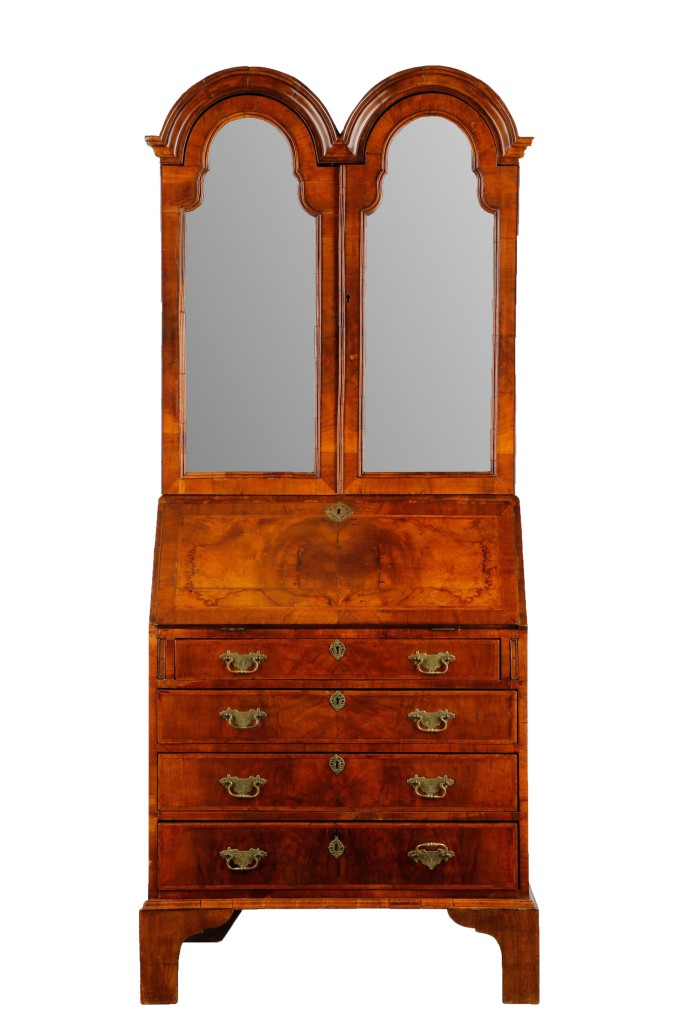 English late 18th-century burled walnut and walnut wood secretary, lined with tiger oak, having two hinged doors with shaped mirrored panels, 82 ½ inches tall