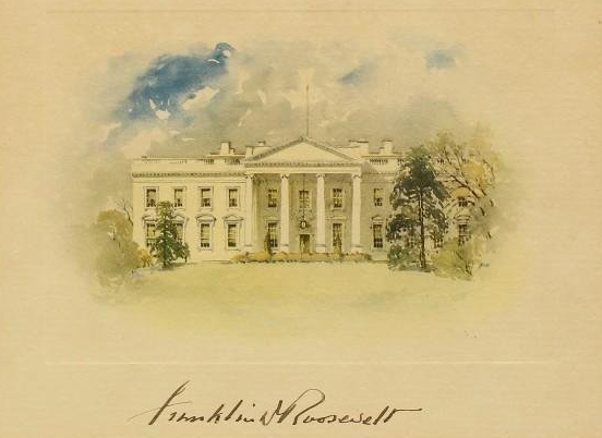 Autograph of Franklin D. Roosevelt, 32nd president of the United States, signed card with view of the White House. Est. $200-$300. Alderfer Auction Co. image 