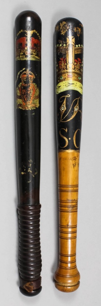 An Ulster Constabulary truncheon (left) and another inscribed 'Lutterworth - Feinian Riots. 1868,' estimate £120-£160. Photo The Canterbury Auction Galleries