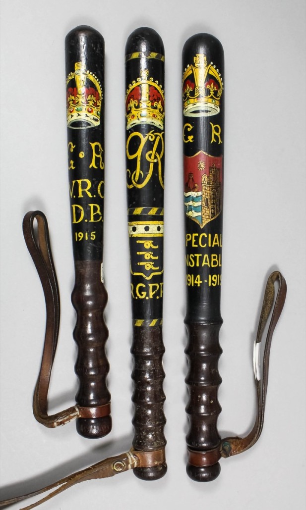 From left: truncheons from West Riding Yorkshire Dewsbury Police, the Royal Gun Powder Factory and Scarborough Special Constabulary, estimate £200-£250. Photo The Canterbury Auction Galleries