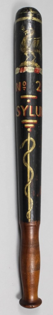 An 'Asylum No2' truncheon painted with the rod of Asclepius, the symbol of healing, estimate £120-£160. Photo The Canterbury Auction Galleries