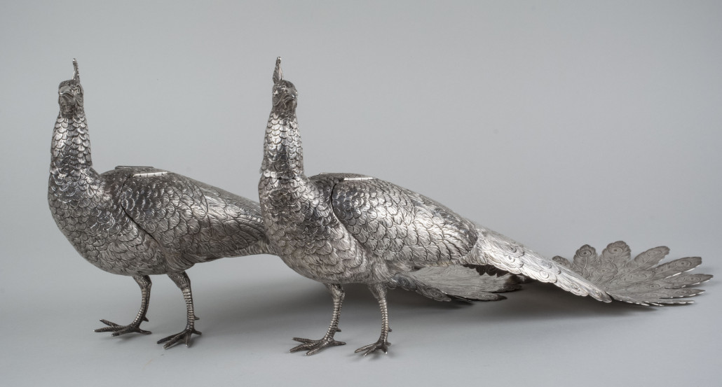 Pair of American sterling silver peacocks, est. $6,000-$8,000. Capo Auction image