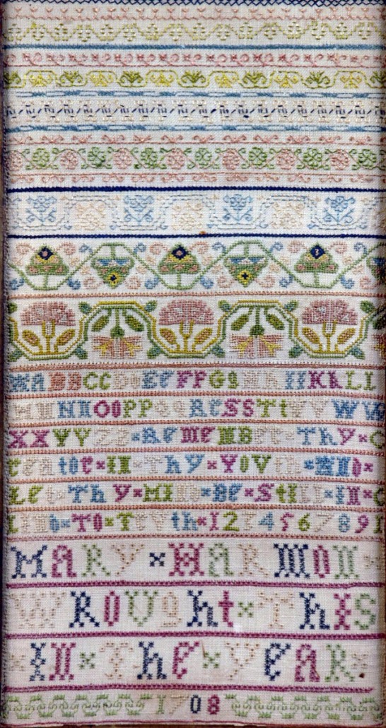 A good Queen Anne sampler which reads 'Mary Harmon - Wrought this in the year 1708,' in fine colored silks with bands of floral ornament, alphabet and numerals, on a fine linen ground. Contained in a 19th century ebonized and gilt frame, the work retained much of its original color because its owner had kept it out of the light in a canvas bag. It sold for £1,450