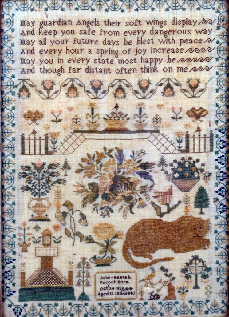 A sampler worked by 'Jane Hannah Pocock, born Oct 24 1828, aged 12 January 1841.' It shows a crouching tiger and a gated bridge within trailing floral borders. It sold for £780.