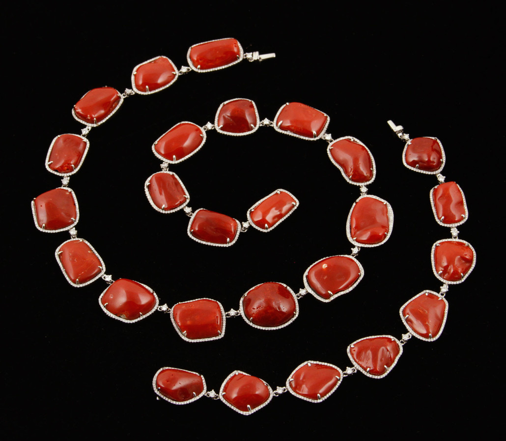 Lot 3156 -18K coral and diamond necklace. Kaminski Auction image