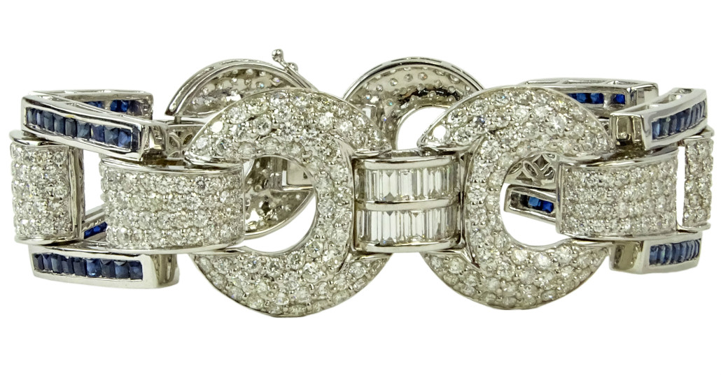 Diamond (17.50 carats) and sapphire (8.0 carats) bracelet, which sold for $19,360. Kodner Galleries image