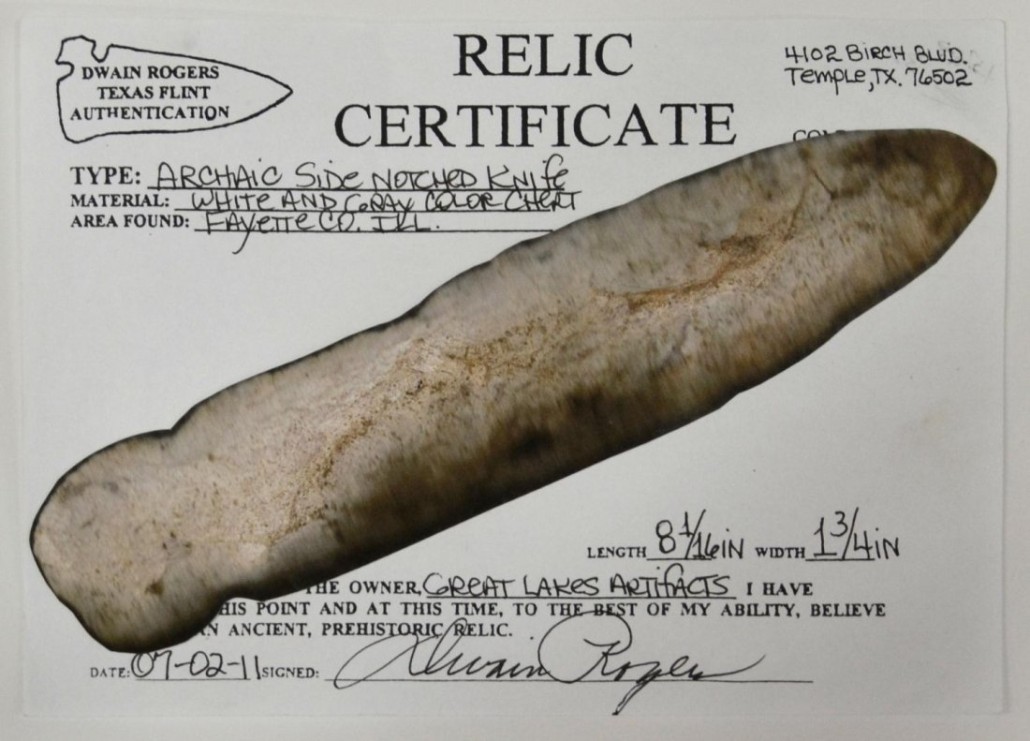 Prehistoric knife, Fayette County, Ill., 8.1/16in long, with certificate of authenticity. Image courtesy of LiveAuctioneers.com archive and Austin Auction Gallery 