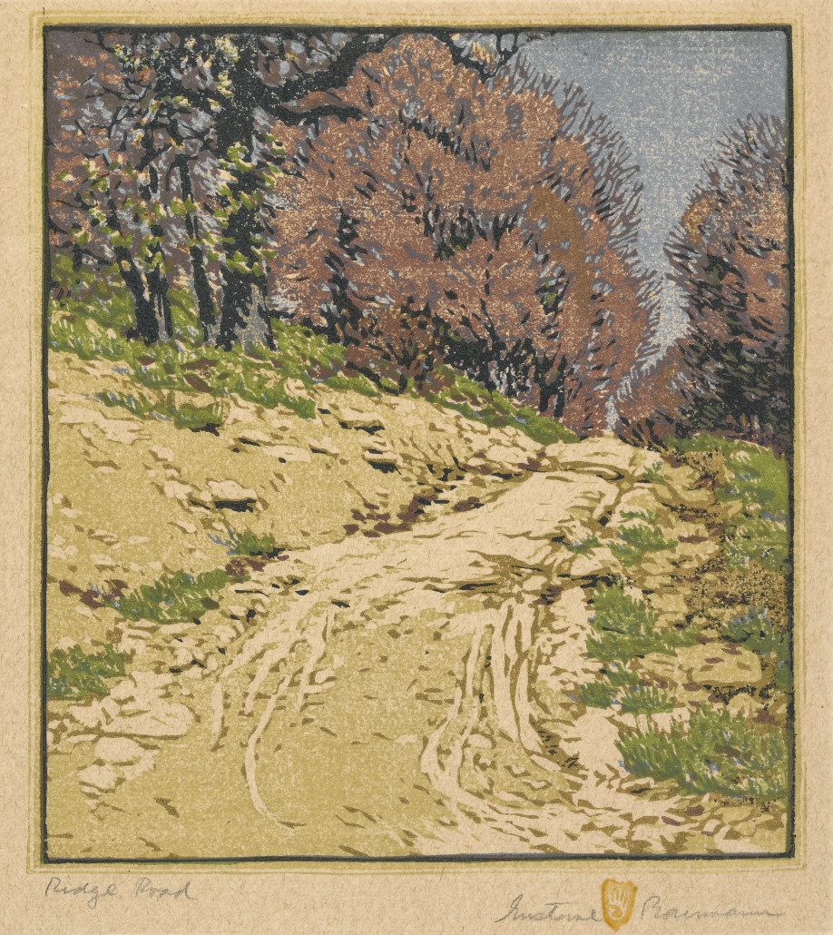 Gustave Baumann (American, 1881–1971), ‘Ridge Road,’ 1916–18, color woodblock print, 11 x 10 in. Indianapolis Museum of Art, John Herron Fund, 19.205. Gustave Baumann works are protected by copyright.