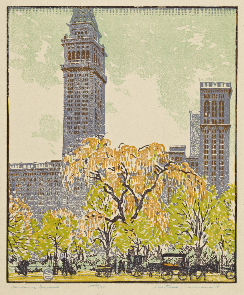 Gustave Baumann (American, 1881–1971), ‘Madison Square,’ 1917, color woodblock print, 13 1/4 x 11 1/8 in. Indianapolis Museum of Art, Gift of Stephen W. Fess and Elaine Ewing Fess, 1997.168. Gustave Baumann works are protected by copyright.