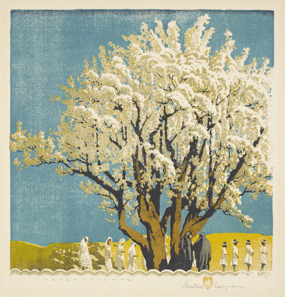 Gustave Baumann (American, 1881–1971), ‘Processional,’ 1930, color woodblock print, 13 x 12 7/8 in. Indianapolis Museum of Art, Gift of Stephen W. Fess and Elaine Ewing Fess, 2011.250. Gustave Baumann works are protected by copyright.