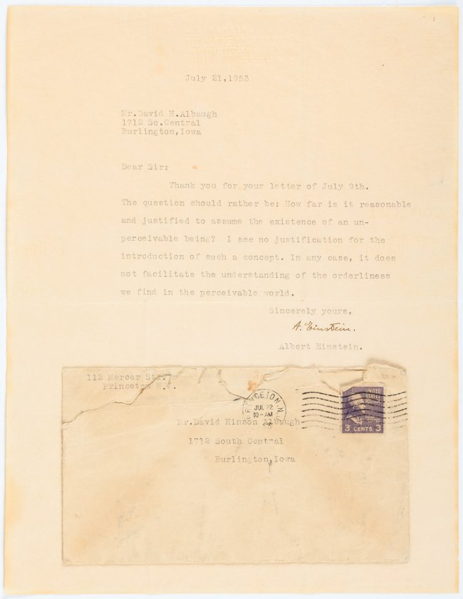 Dated July 21, 1953, this letter by Albert Einstein is expected to sell for $60,000-$90,000. PBA Galleries image