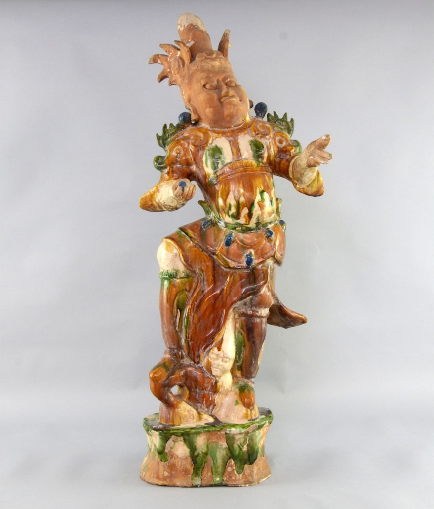 This impressive figure of a Lokapala standing on rocks trampling a demon is a copy of the Tang original, purchased in Singapore in the 1950s. In Hindu mythology, the heavenly deities protect the four compass directions. It has a saleroom value of £500-£800. Photo Ewbank’s Auctioneers