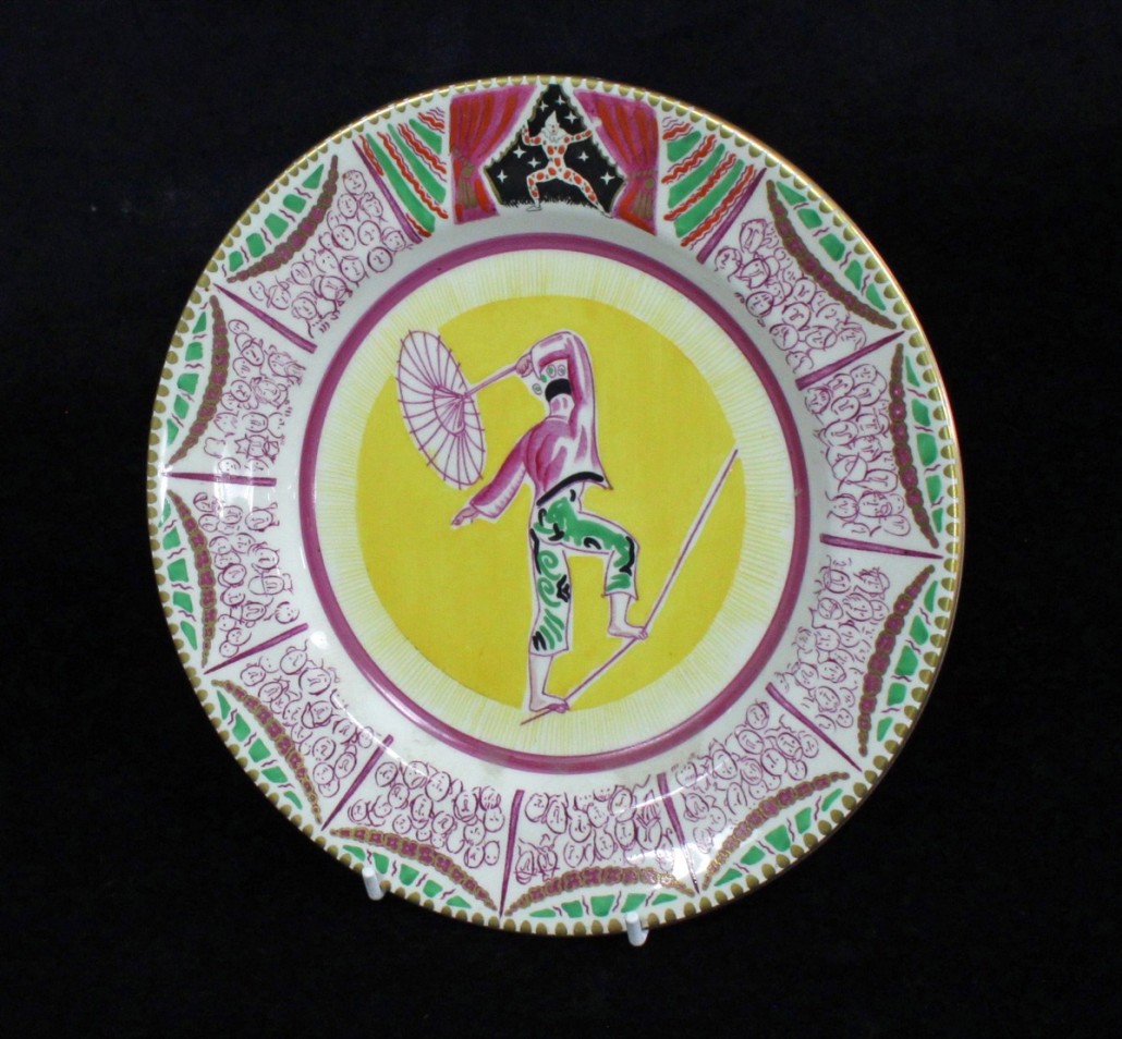 Circus pattern plate designed by Laura Knight for Clarice Cliff, this one depicting a tightrope walker. It sold for £420. Photo Chorleys Auctioneers