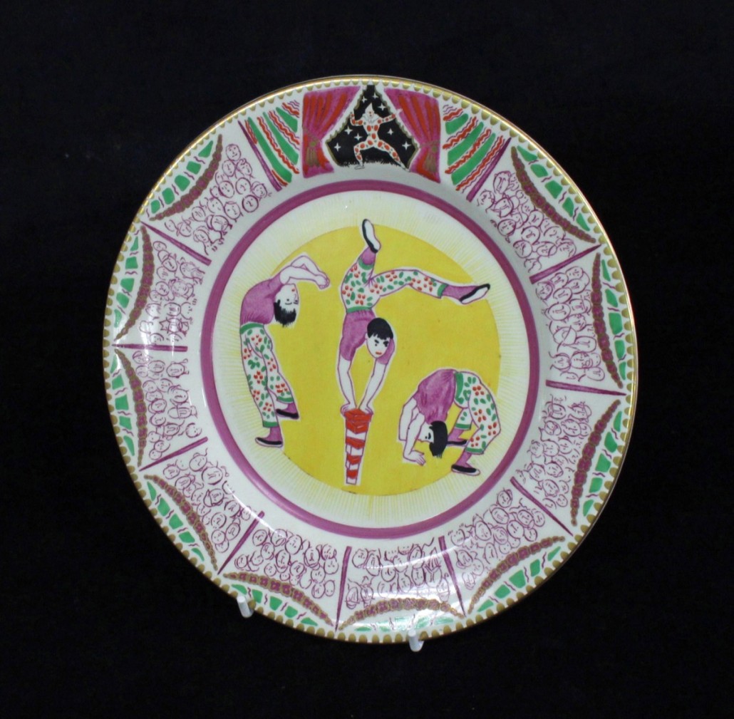 Circus-2 Circus pattern plate designed by Laura Knight for Clarice Cliff, this one depicting acrobats. It sold for £650. Photo Chorleys Auctioneers