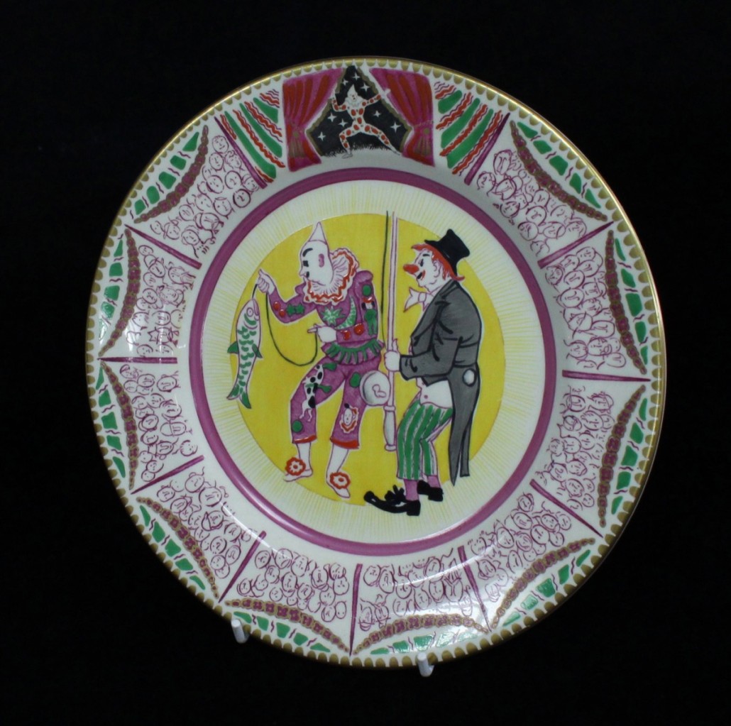 Circus pattern plate designed by Laura Knight for Clarice Cliff, this one depicting clowns who have caught a fish, watched by Pierrot at 12 o’clock. It sold for £650. Photo Chorleys Auctioneers