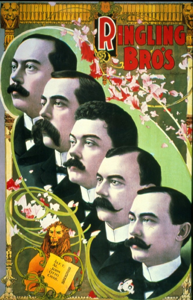 Poster showing the five Ringling brothers with entrepreneur John pictured center. Photo Ringling Museum of Art, Florida State University