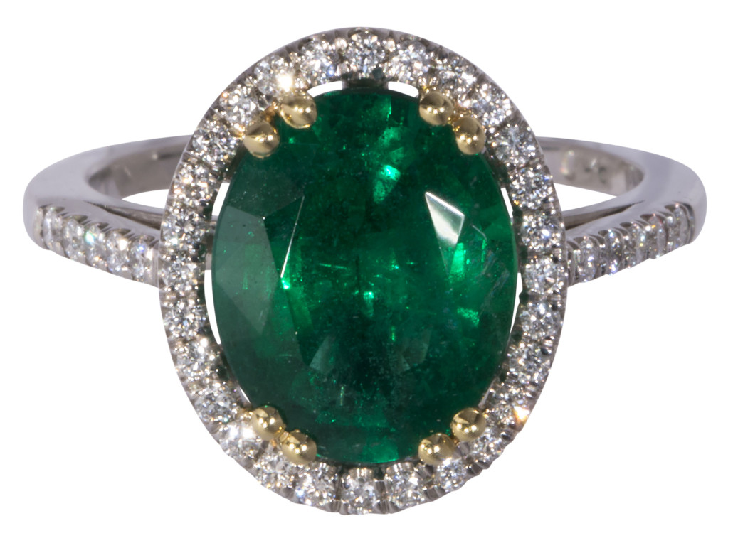 This stunning emerald (3.27 carats), diamond, platinum and 18K gold ring will be offered for $8,000 to $12,000. Clars image