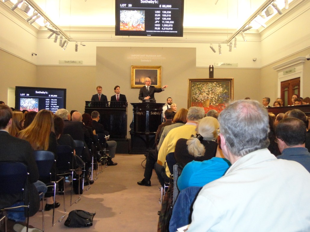 Mark Poltimore, chairman of Sotheby’s Russian department, conducting a sale in 2012 during a relatively buoyant period in the Russian art market, which saw a marked decline in 2015. Image Auction Central News