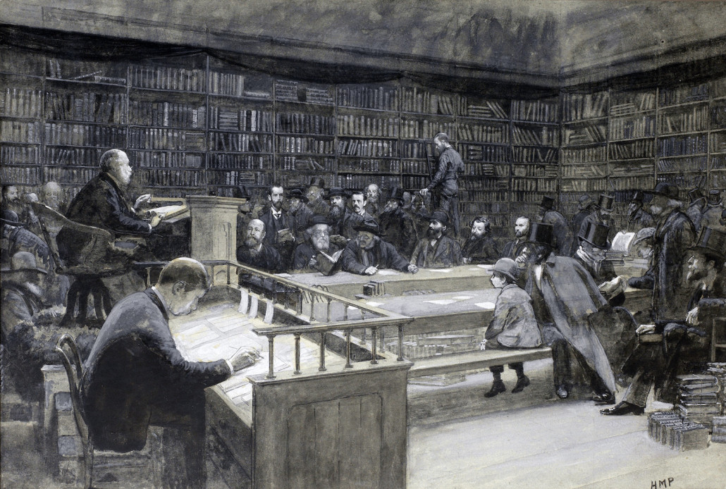 A book sale at Sotheby’s in the Strand in 1888, drawing signed ‘HMP.’ Image courtesy of Bonhams, public domain, Wikimedia Commons