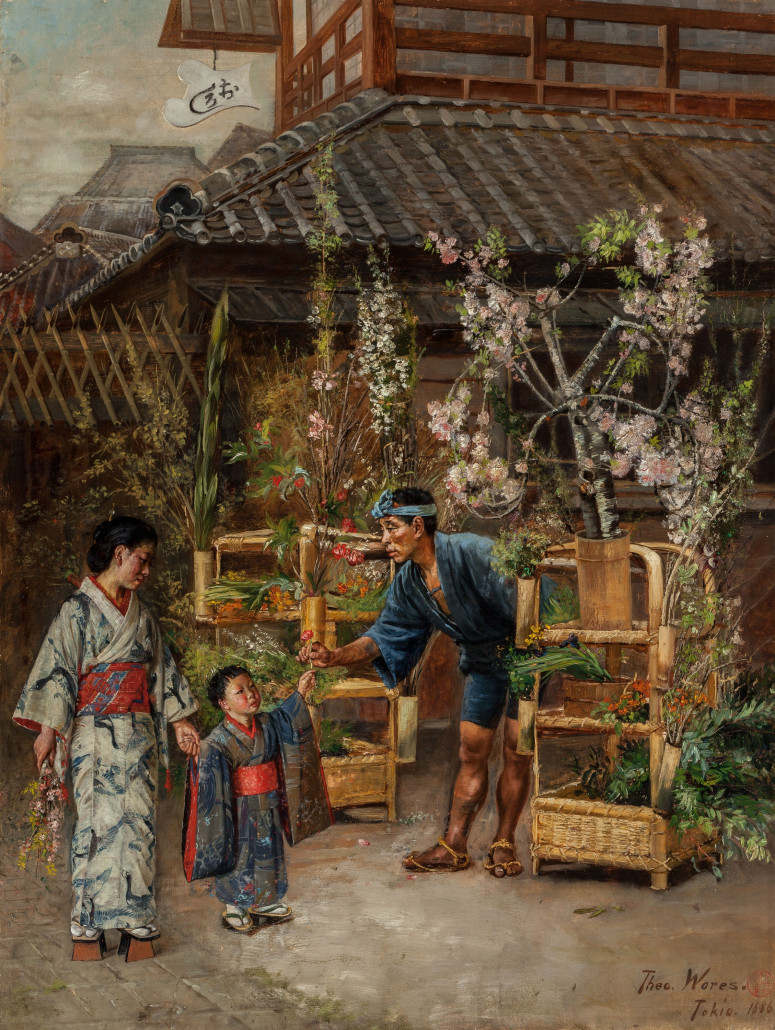 Theodore Wores (American, 1858-1939) 'Flower Seller, Tokyo,' 1886, oil on canvas laid on Masonite, 26 1/2 x 20 inches. Estimate: $10,000-$15,000. Heritage Auctions image 