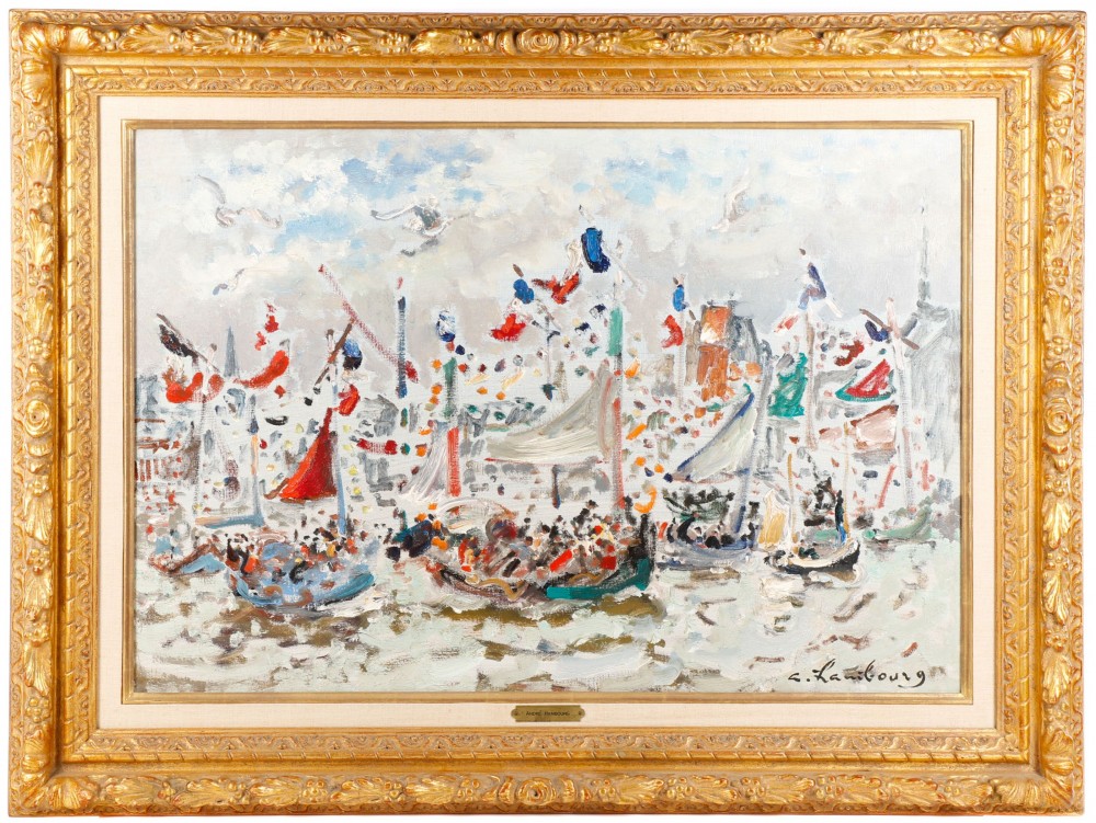 Oil on canvas seascape by Andre Hambourg (French, 1909-1999), titled ‘Fetes des Marins, Honfleur,’ artist signed. Price realized: $41,300. Ahlers & Ogletree image 
