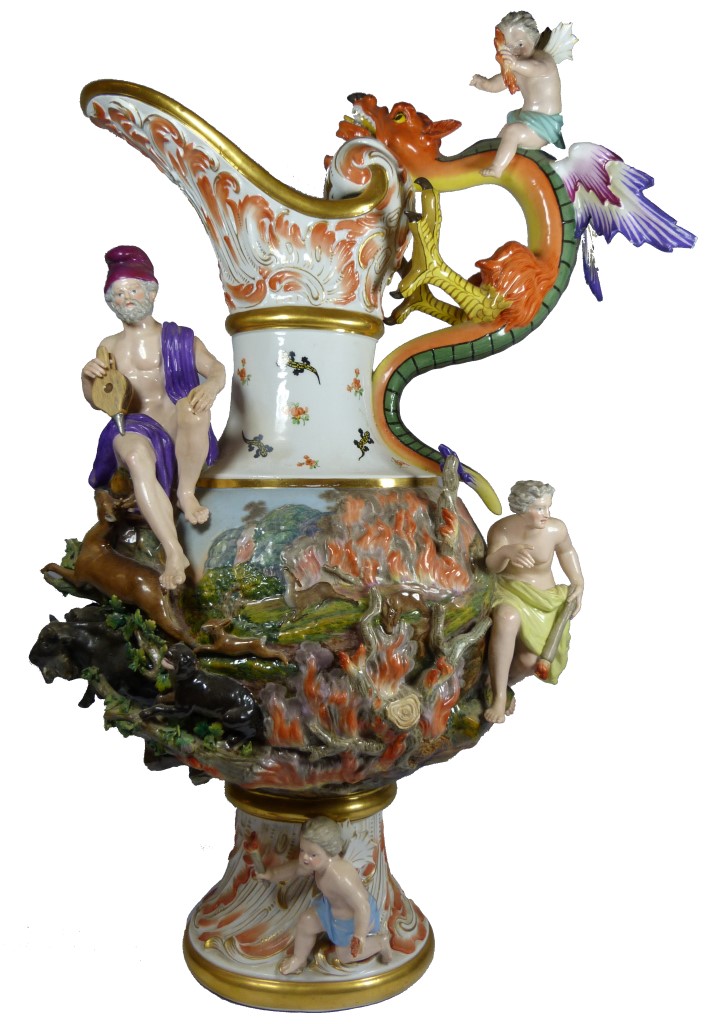 This rare 24-inch-tall century Meissen ‘Fire’ ewer is expected to sell for up to $16,000. Antiques & Modern Auction Gallery image