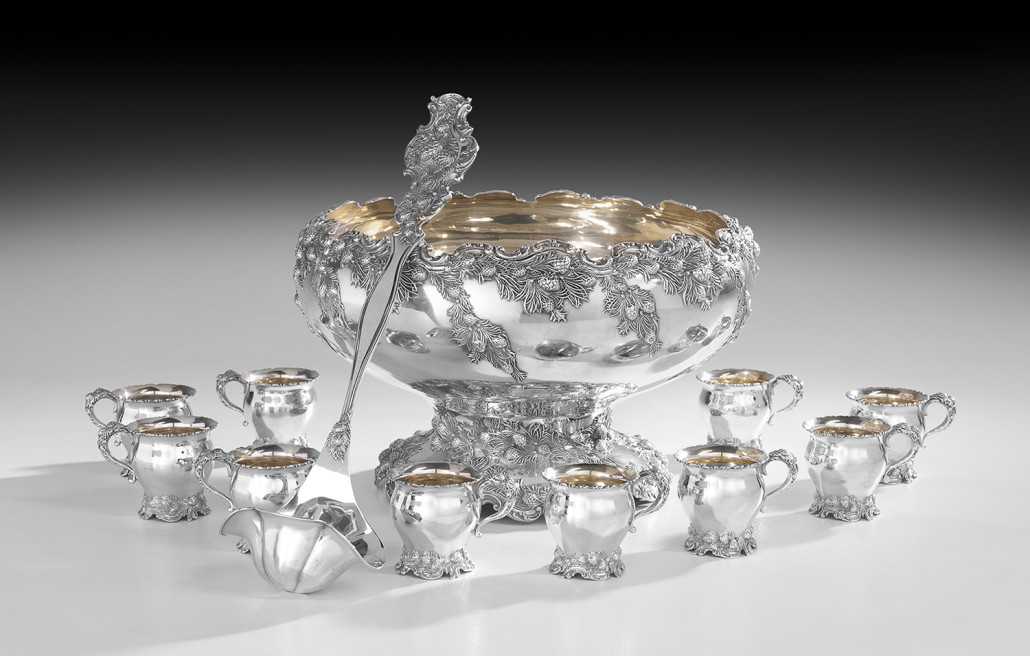 Highly desirable for New Orleans parties, the silver punch bowl with 10 cups and ladle in a pinecone pattern was designed in 1898 by Charles D. Graff for Redlich & Co., New York. The antique set, weighing 166.50 troy ounces, brought $15,000 at the New Orleans Auction Galleries in December 2015. Courtesy New Orleans Auction Galleries
