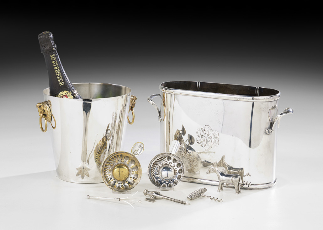 Noted wine collector Lloyd C. Flatt collected many attractive accessories connected with serving the vintages. This lot, which brought $4,000, included a wine cooler by Ravinet d’Enfers for Hermes, tastevins, corkscrews, and ice tongs. Courtesy New Orleans Auction Galleries