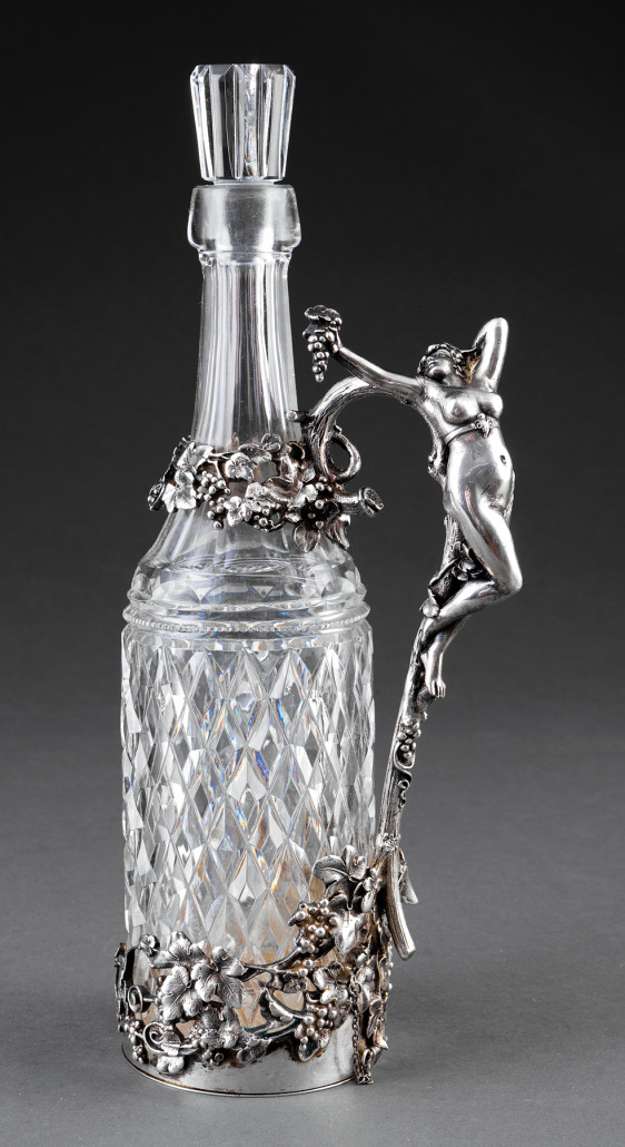 A maenad celebrates the grape with Bacchic abandon on this German silver-handled decanter sold at Neal in New Orleans in January 2015 for $3,704. Courtesy Neal Auction Co.