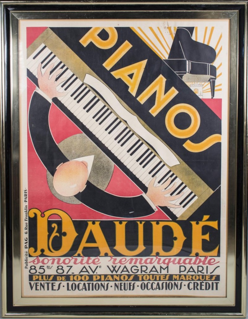 ‘Pianos Daude,’ color lithograph poster, Andre Daude, 1926, framed, 61.8in x 46.4in, sold for $1,680. Capo Auction image