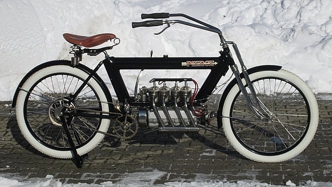 Lot 142 – 1912 Pierce Four, rare and highly collectable marque of American motorcycle design, matching numbers, professional restoration. Estimate: $95,000-$114,000. Mecum Auctions image