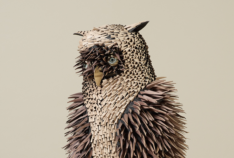 Irving Harper, Untitled (Owl), paper construction with doll eyes 30.5 h x 14 w x 13 d in. Estimate: $7,000-$9,000. Result: $48,750. Wright image